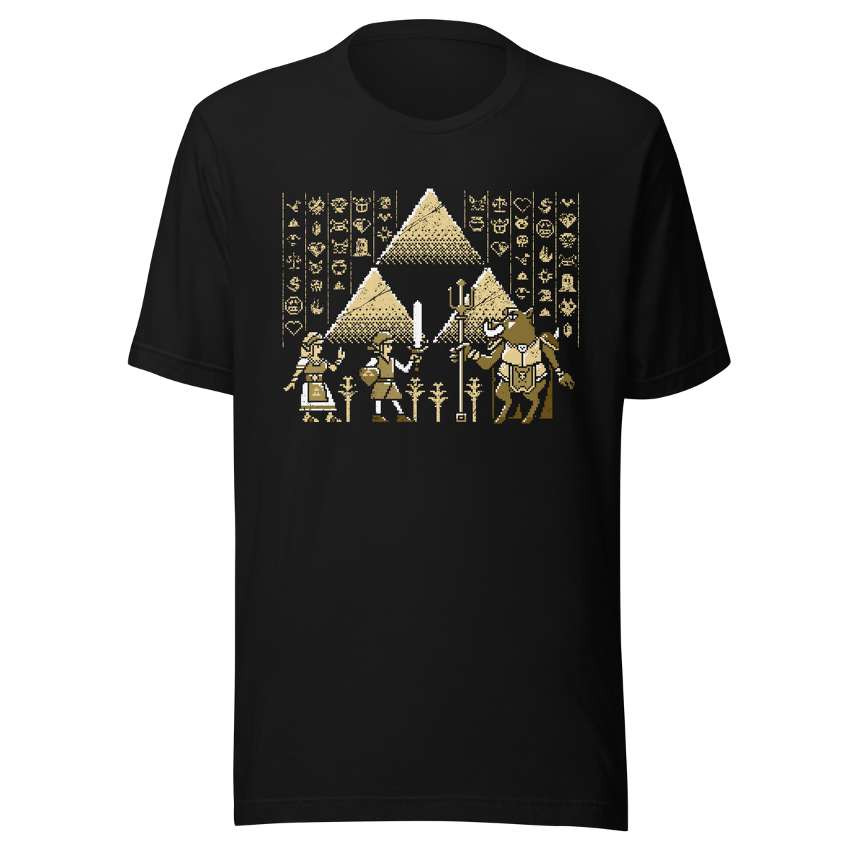 A pixel-style hero, princess, and beast clash in front of golden pyramids and mysterious symbols. This retro fantasy design blends ancient power with classic 8-bit vibes — perfect for old-school adventurers.