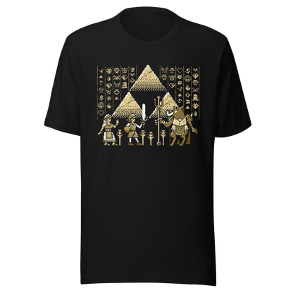 A pixel-style hero, princess, and beast clash in front of golden pyramids and mysterious symbols. This retro fantasy design blends ancient power with classic 8-bit vibes — perfect for old-school adventurers.