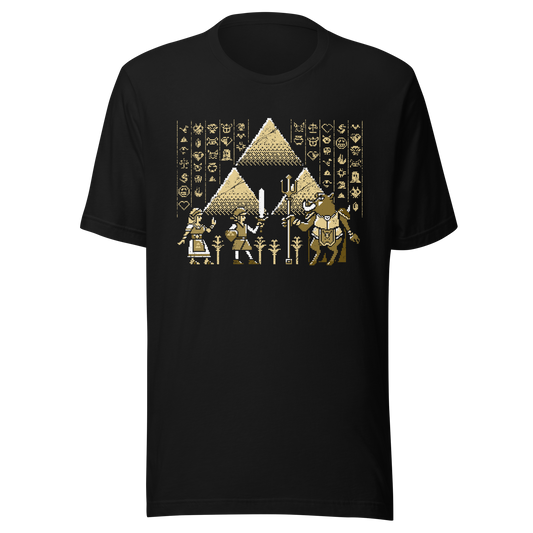 A pixel-style hero, princess, and beast clash in front of golden pyramids and mysterious symbols. This retro fantasy design blends ancient power with classic 8-bit vibes — perfect for old-school adventurers.