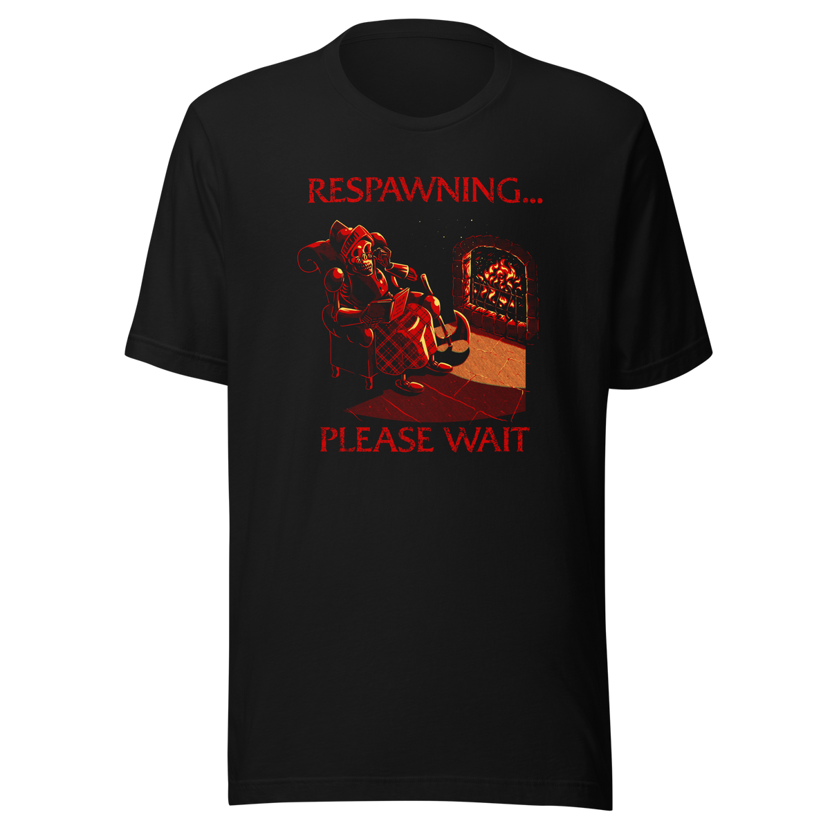 A skeleton warrior rests by the fireplace, sipping tea and reading while waiting to respawn. With cozy lighting and dark humor, this design is made for gamers who know death is just a short break.