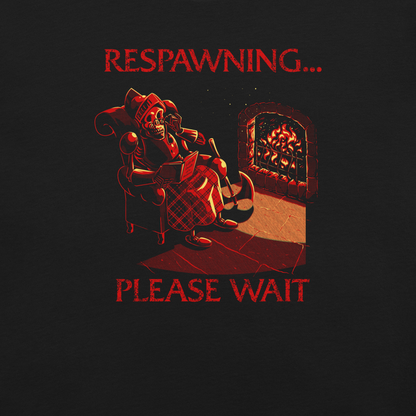 A skeleton warrior rests by the fireplace, sipping tea and reading while waiting to respawn. With cozy lighting and dark humor, this design is made for gamers who know death is just a short break.