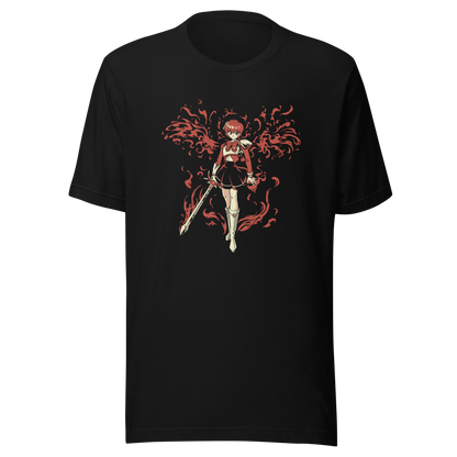 Anime-style girl holding a sword, surrounded by flowing red flames.
