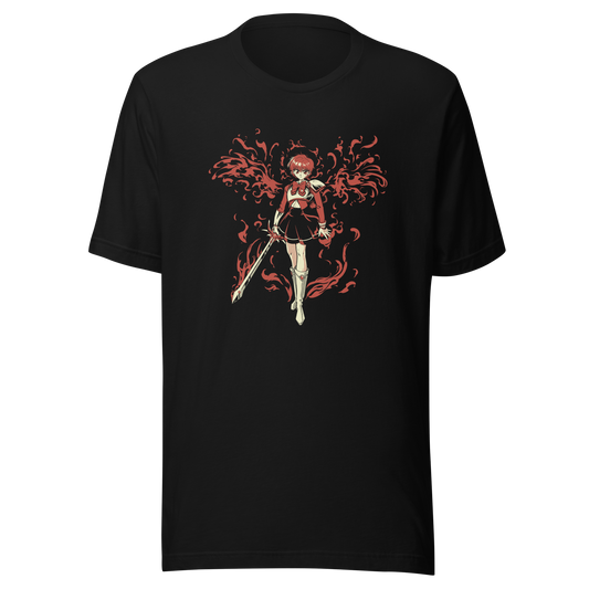 Anime-style girl holding a sword, surrounded by flowing red flames.