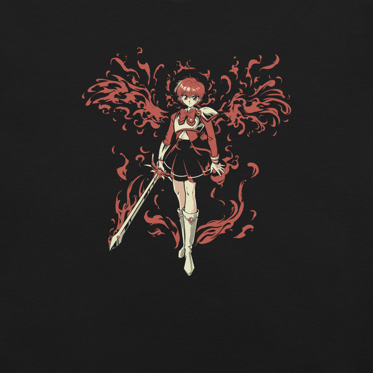 Anime-style girl holding a sword, surrounded by flowing red flames.