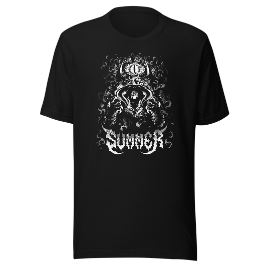 Black and white illustration of a hooded figure with a large eye above and swirling ornamental details in a dark fantasy composition.