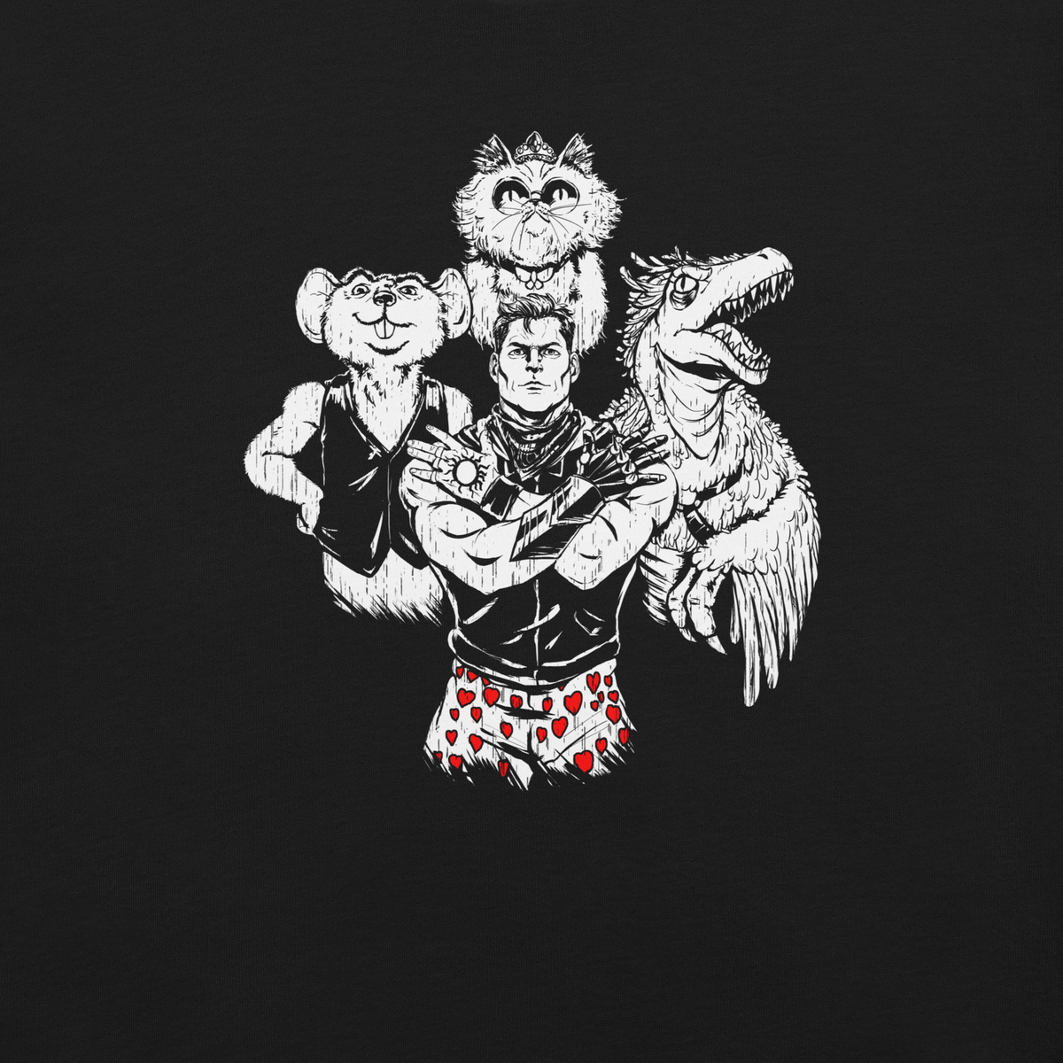 A detailed black-and-white fantasy illustration featuring a warrior wearing colorful shorts, surrounded by creatures and intricate elements.