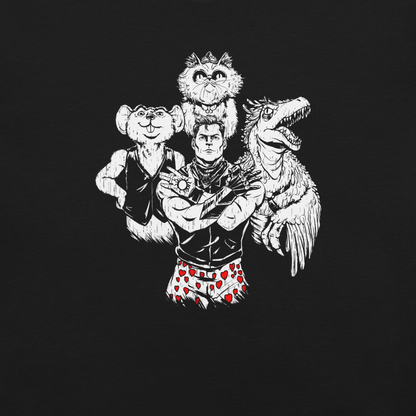 A detailed black-and-white fantasy illustration featuring a warrior wearing colorful shorts, surrounded by creatures and intricate elements.