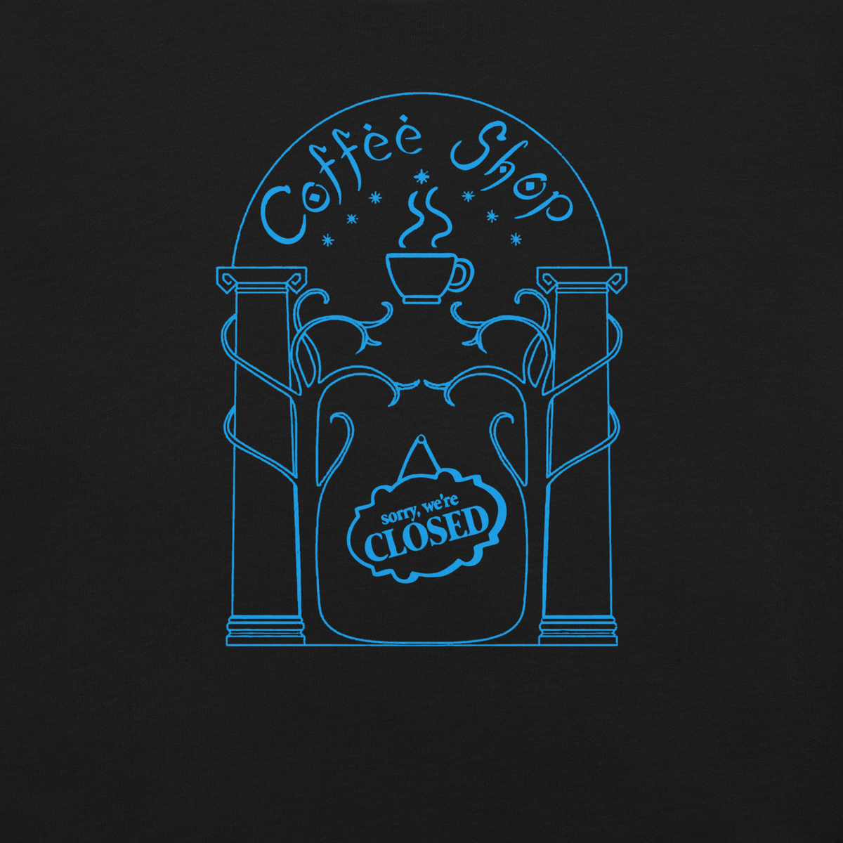 Neon-style coffee shop entrance with decorative columns, a steaming coffee cup, and a hanging closed sign.