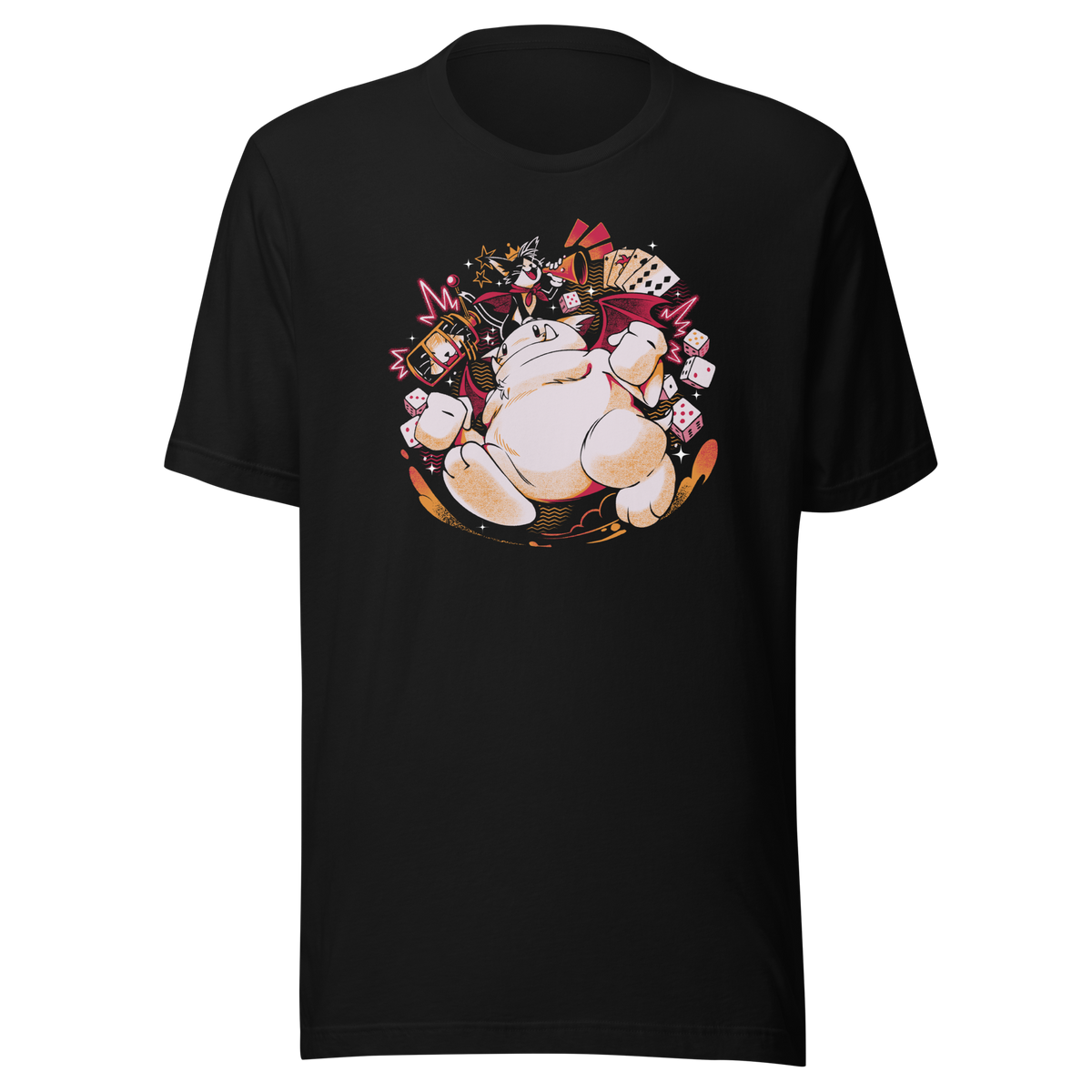 A playful fantasy illustration featuring a mystical fortune teller cat surrounded by dice, playing cards, and magical energy.