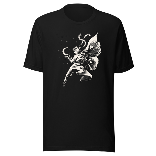 Woman with large moth wings holding a glowing moon in a dark fantasy composition.
