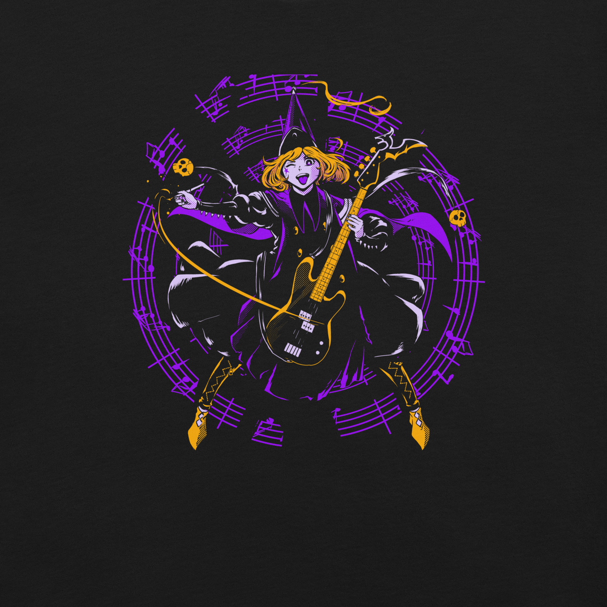 Anime witch playing an electric guitar inside a circular composition with musical notes and vibrant purple rock elements.