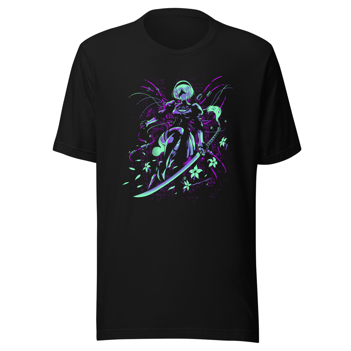 A futuristic female android warrior holds a curved sword against a dark background. Neon green, purple, and blue accents highlight her mechanical outfit, cables, flowers, and floating petals, creating a mysterious futuristic scene with bold contrast