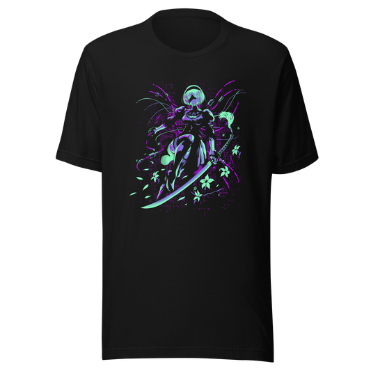A futuristic female android warrior holds a curved sword against a dark background. Neon green, purple, and blue accents highlight her mechanical outfit, cables, flowers, and floating petals, creating a mysterious futuristic scene with bold contrast