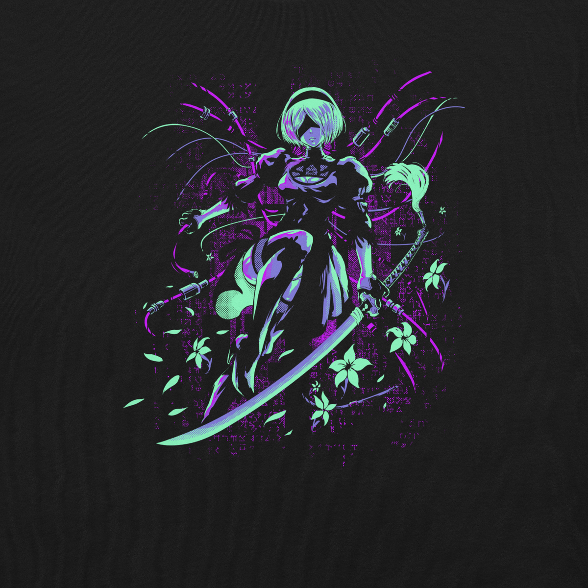 A futuristic female android warrior holds a curved sword against a dark background. Neon green, purple, and blue accents highlight her mechanical outfit, cables, flowers, and floating petals, creating a mysterious futuristic scene with bold contrast