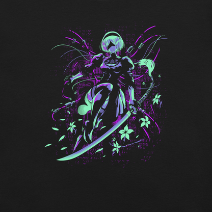 A futuristic female android warrior holds a curved sword against a dark background. Neon green, purple, and blue accents highlight her mechanical outfit, cables, flowers, and floating petals, creating a mysterious futuristic scene with bold contrast