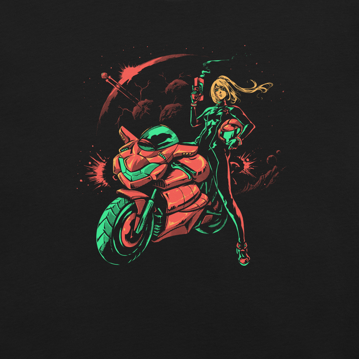 A futuristic heroine stands beside a sleek armored motorcycle, holding a compact tech device against a dark cosmic backdrop. Bold neon colors, dramatic poses, and comic-inspired linework create a retro-futuristic action aesthetic.