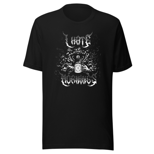 A dark gothic illustration of a mysterious hooded figure emerging from swirling shadows while holding a steaming coffee mug. Ornate lettering, crescent shapes, and eerie decorative details create a spooky supernatural coffee theme.