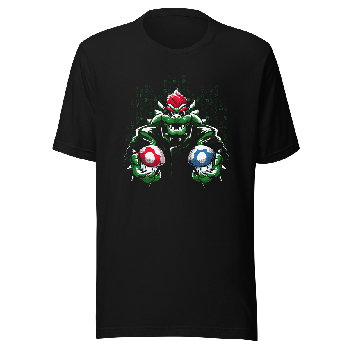 A fierce green fantasy creature with a red crest holds two colorful mushroom-like objects against a digital backdrop. Bold comic-style artwork, vivid contrasts, and a playful retro-gaming aesthetic create a powerful and energetic design.