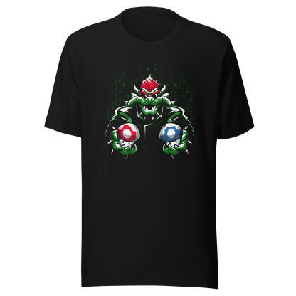 A fierce green fantasy creature with a red crest holds two colorful mushroom-like objects against a digital backdrop. Bold comic-style artwork, vivid contrasts, and a playful retro-gaming aesthetic create a powerful and energetic design.