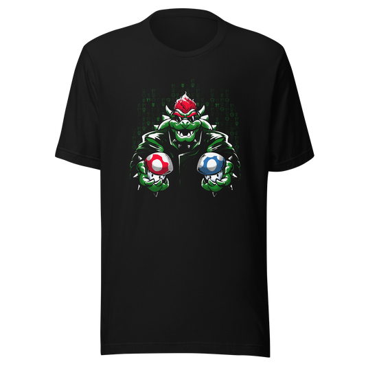 A fierce green fantasy creature with a red crest holds two colorful mushroom-like objects against a digital backdrop. Bold comic-style artwork, vivid contrasts, and a playful retro-gaming aesthetic create a powerful and energetic design.