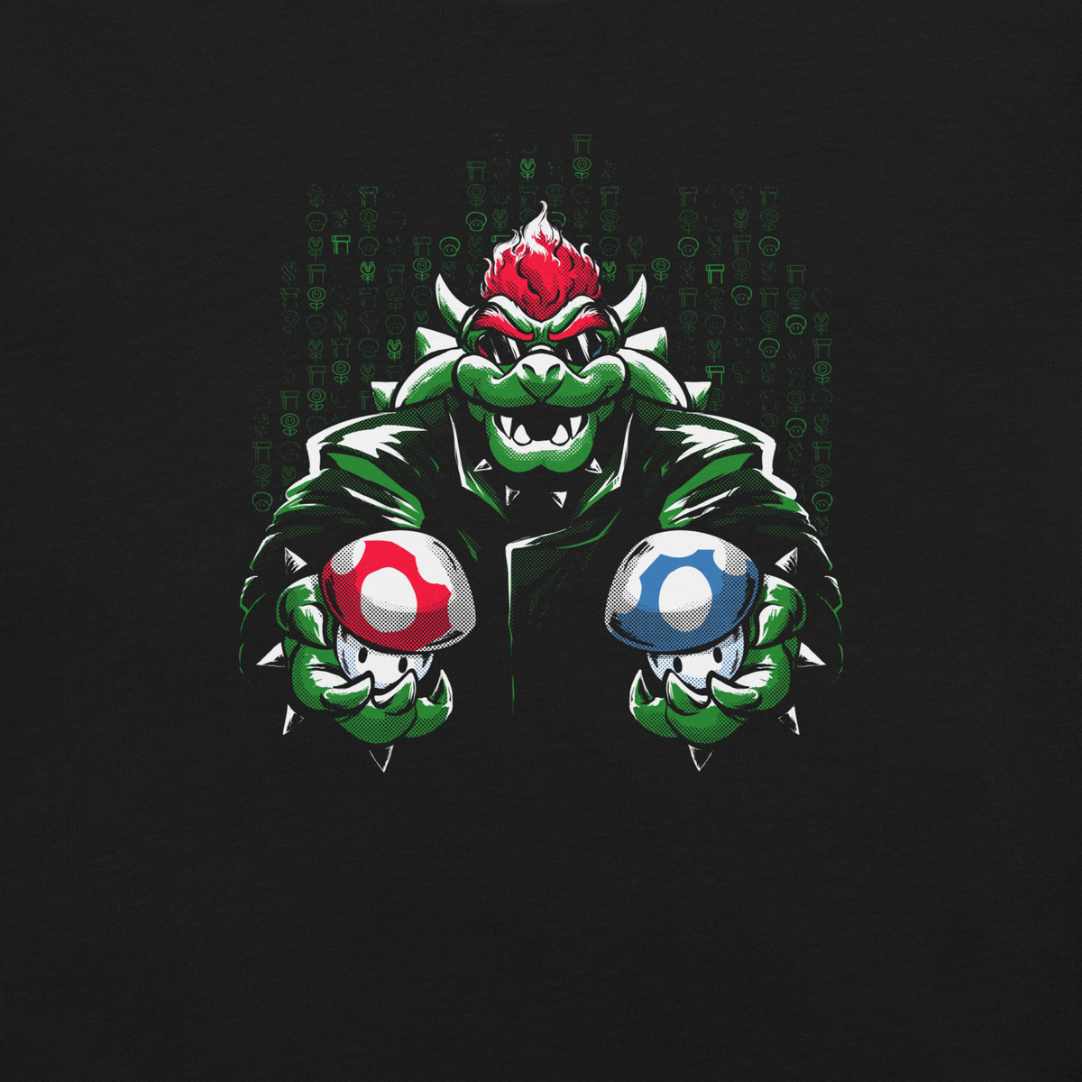 A fierce green fantasy creature with a red crest holds two colorful mushroom-like objects against a digital backdrop. Bold comic-style artwork, vivid contrasts, and a playful retro-gaming aesthetic create a powerful and energetic design.