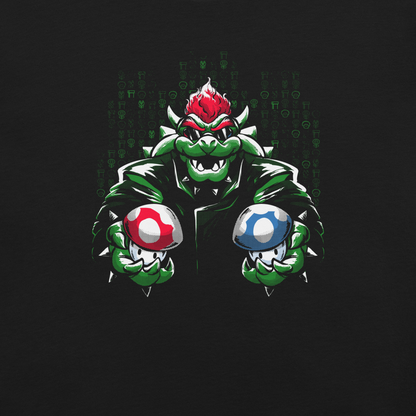 A fierce green fantasy creature with a red crest holds two colorful mushroom-like objects against a digital backdrop. Bold comic-style artwork, vivid contrasts, and a playful retro-gaming aesthetic create a powerful and energetic design.