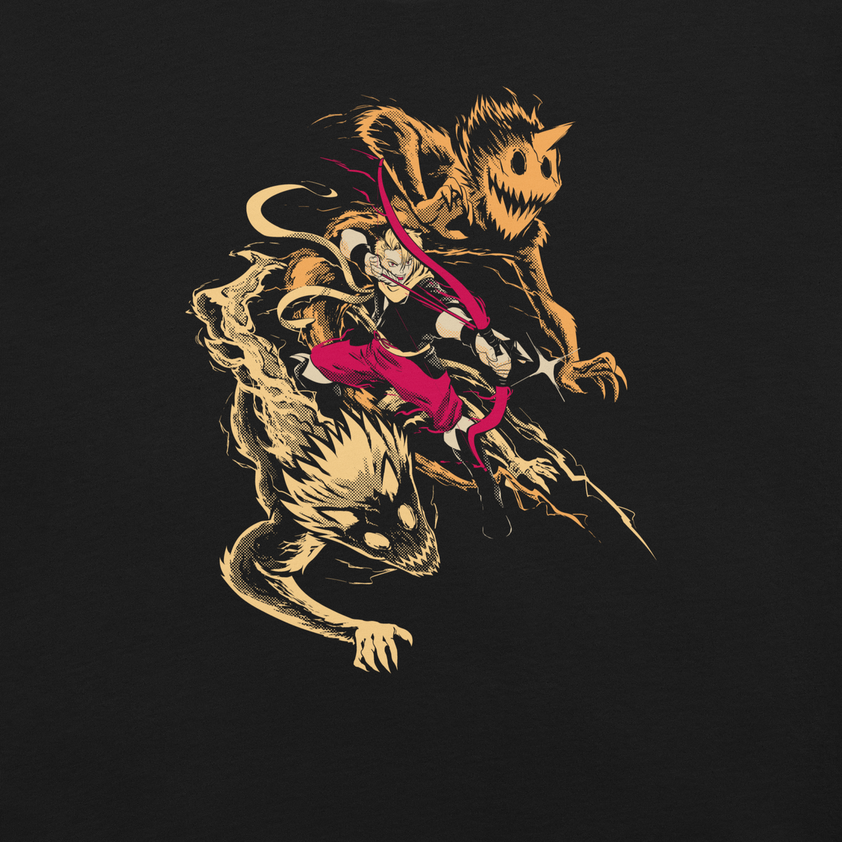 A dynamic fantasy warrior in vivid magenta clothing battles alongside fierce winged creatures, surrounded by sweeping motion lines and sharp details.