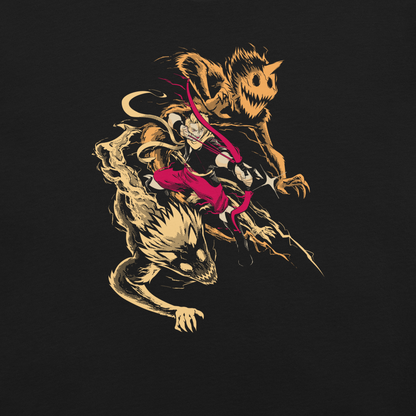 A dynamic fantasy warrior in vivid magenta clothing battles alongside fierce winged creatures, surrounded by sweeping motion lines and sharp details.