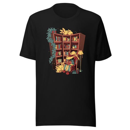 A cozy fantasy library depicts a mysterious reader in a wide-brimmed hat, surrounded by books, the light of a lamp, hanging plants, and small bird-like creatures. The illustration conveys tranquil reading, comfort, and magical escapism.