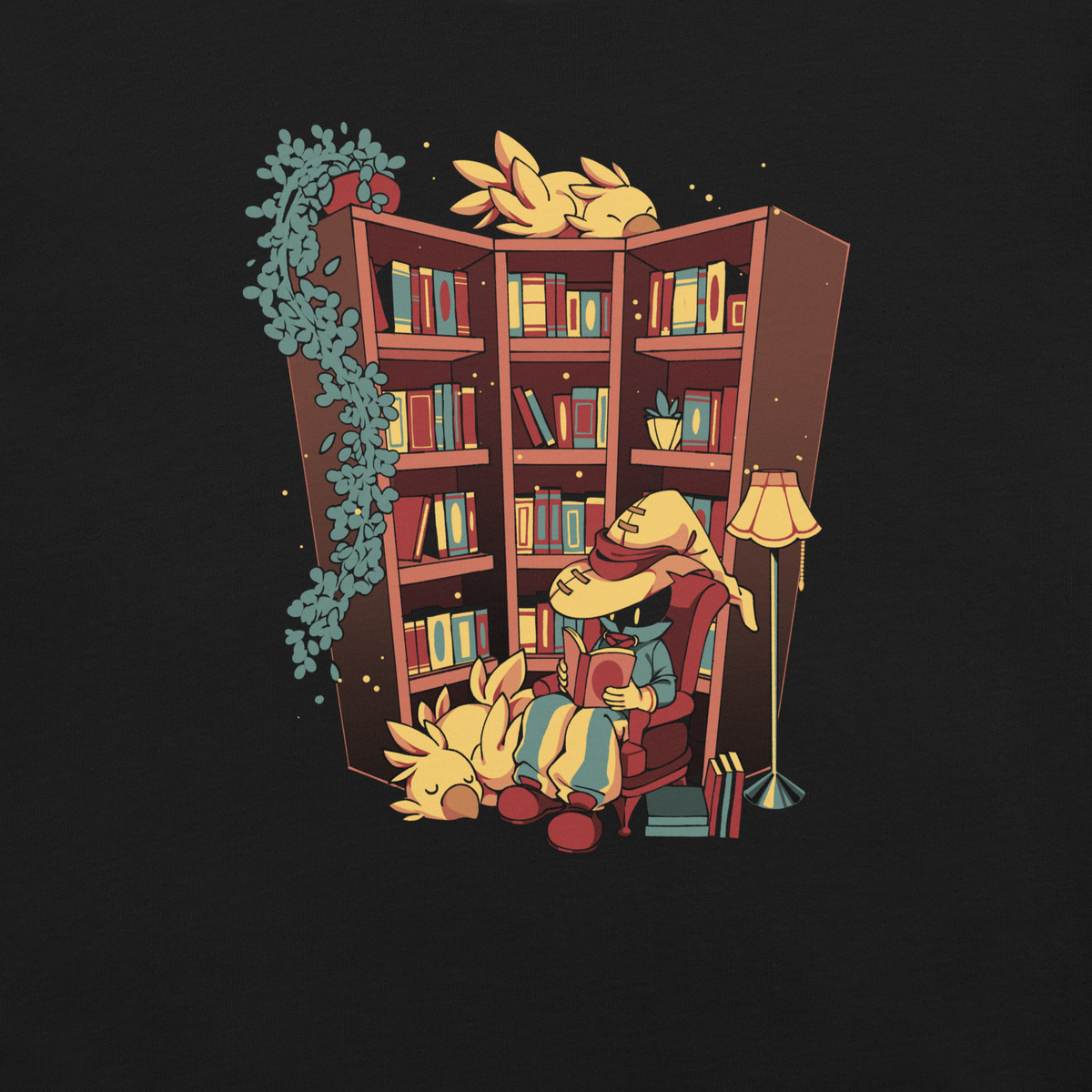 A cozy fantasy library depicts a mysterious reader in a wide-brimmed hat, surrounded by books, the light of a lamp, hanging plants, and small bird-like creatures. The illustration conveys tranquil reading, comfort, and magical escapism.