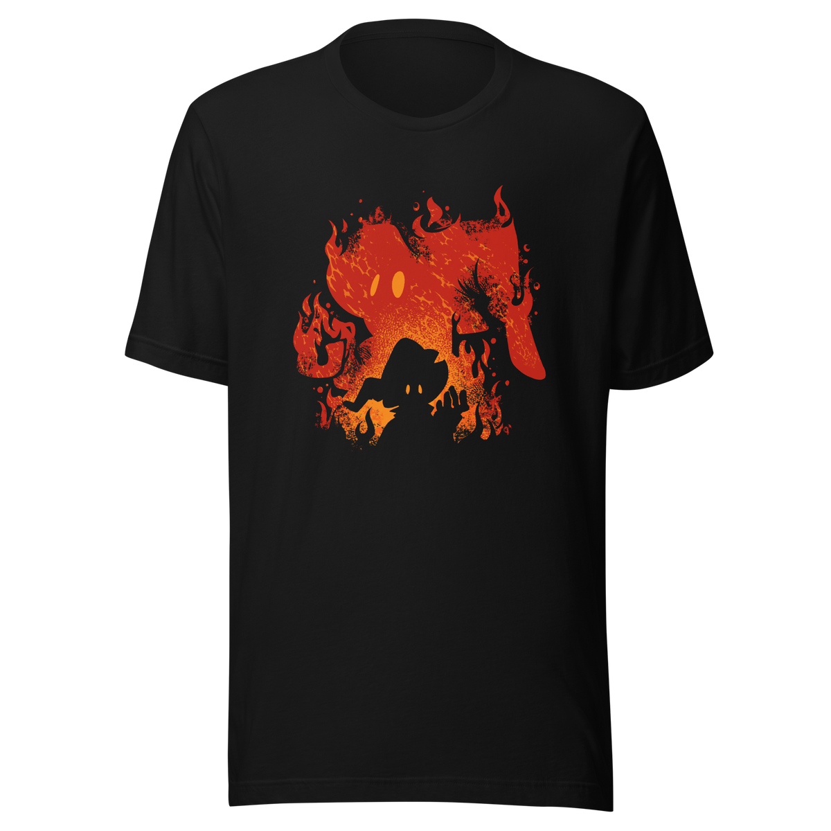 The silhouette of a character wearing a pointed hat emerges against a backdrop of their own shadow engulfed in flames, featuring a weathered texture. A striking design that evokes dark fantasy, magic, and fire.