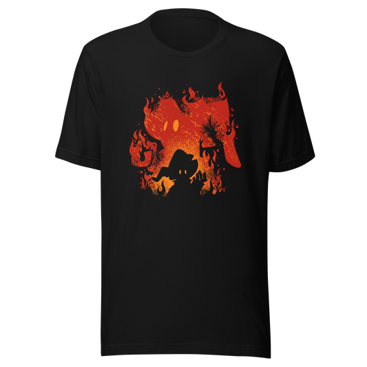 The silhouette of a character wearing a pointed hat emerges against a backdrop of their own shadow engulfed in flames, featuring a weathered texture. A striking design that evokes dark fantasy, magic, and fire.