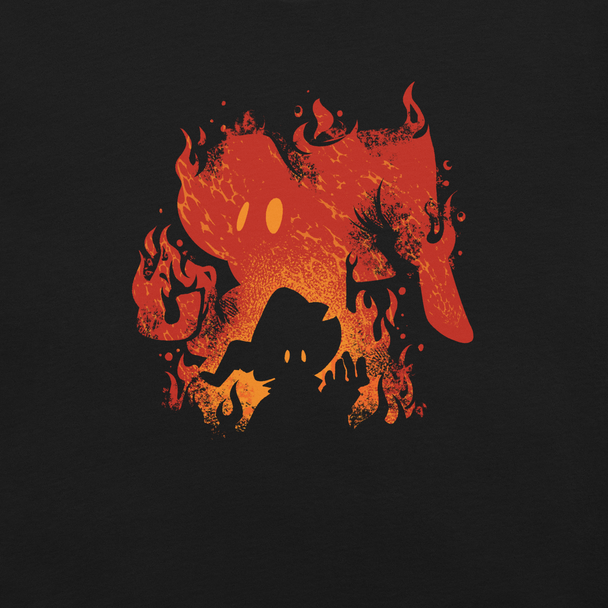 The silhouette of a character wearing a pointed hat emerges against a backdrop of their own shadow engulfed in flames, featuring a weathered texture. A striking design that evokes dark fantasy, magic, and fire.
