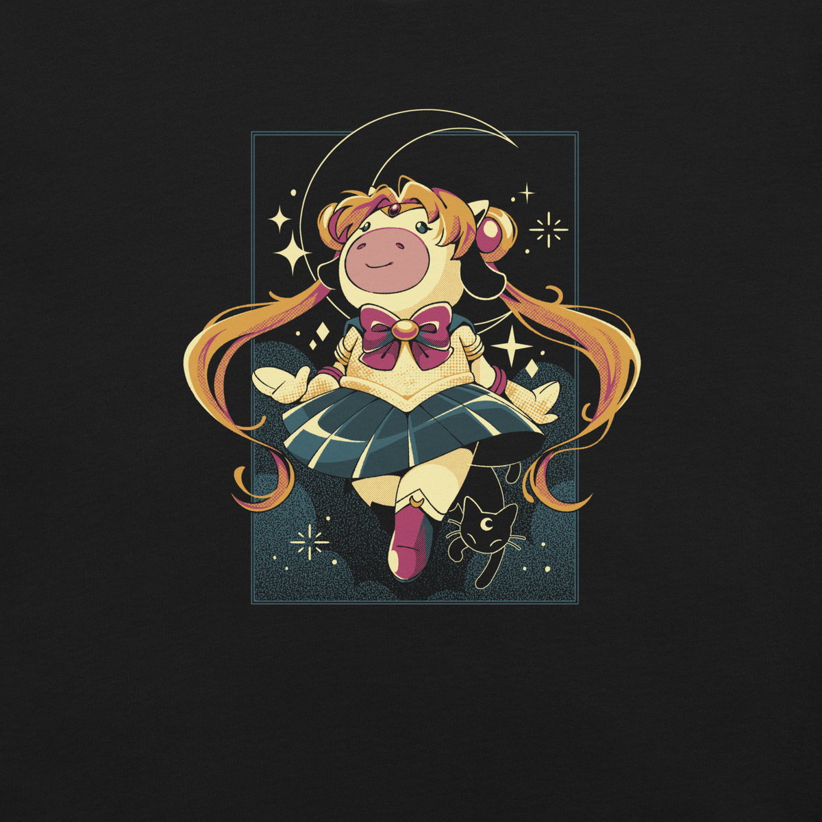 A cute and whimsical anime-inspired illustration featuring a magical cow girl with long flowing twin tails, sparkling stars, and a crescent moon backdrop.