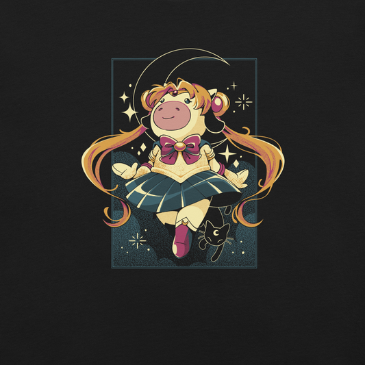 A cute and whimsical anime-inspired illustration featuring a magical cow girl with long flowing twin tails, sparkling stars, and a crescent moon backdrop.