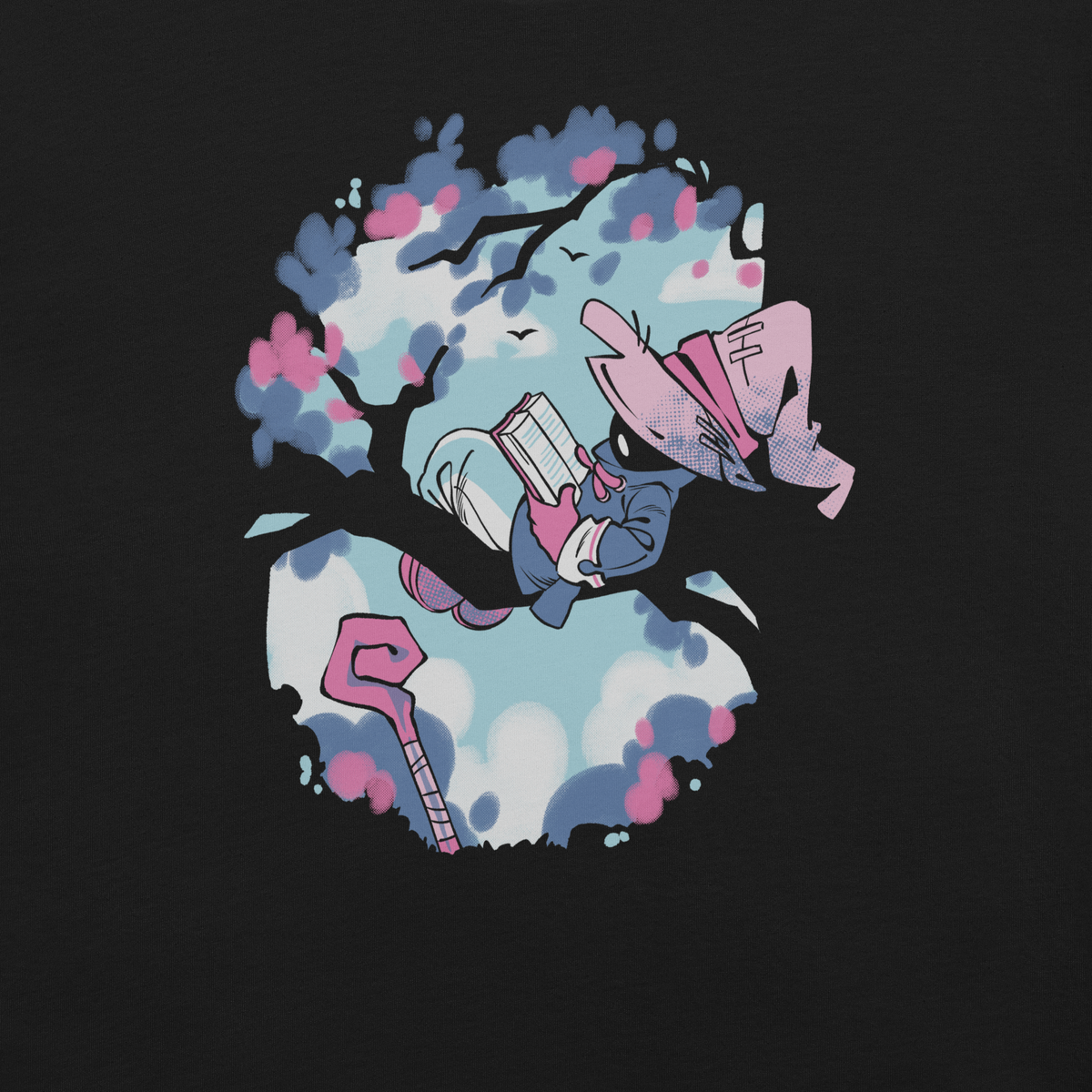 A hooded character in a blue outfit and oversized pink hat reads a book while sitting on a tree branch surrounded by blue, white, and pink blossoms. A pink staff rests below.