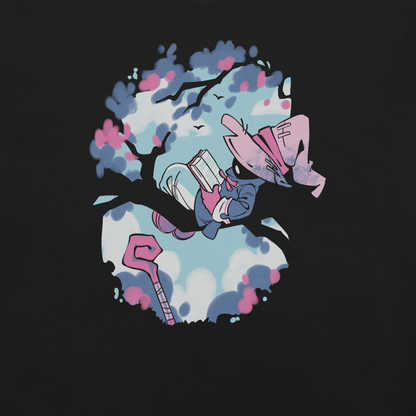A hooded character in a blue outfit and oversized pink hat reads a book while sitting on a tree branch surrounded by blue, white, and pink blossoms. A pink staff rests below.