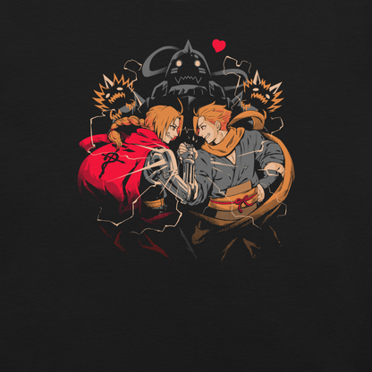 Two orange-haired warriors smile while shaking hands, with a horned robot, two small orange monsters, and a red heart behind them. Orange sparkles contrast against the background.