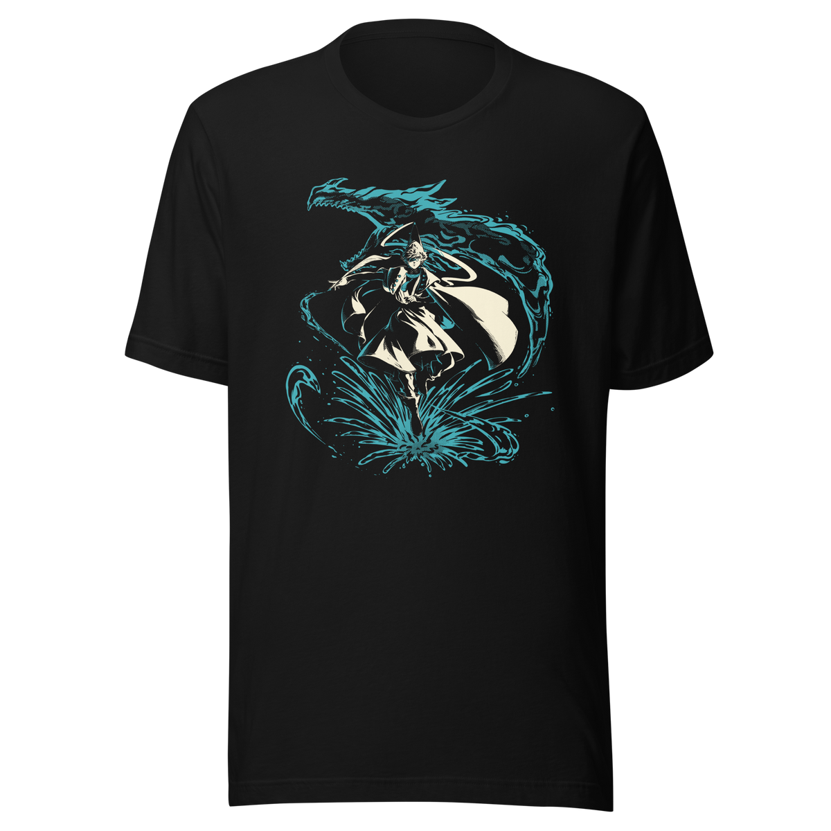 A fantasy warrior in flowing robes strides through a dramatic splash of water, framed by a massive serpentine dragon-like creature. The teal and cream artwork creates a powerful, mystical sense of motion and energy.