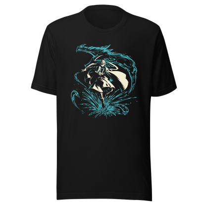 A fantasy warrior in flowing robes strides through a dramatic splash of water, framed by a massive serpentine dragon-like creature. The teal and cream artwork creates a powerful, mystical sense of motion and energy.