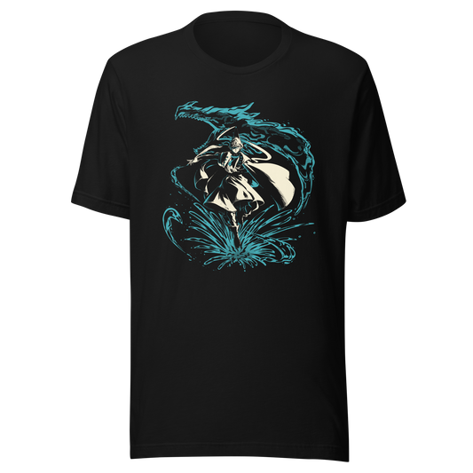 A fantasy warrior in flowing robes strides through a dramatic splash of water, framed by a massive serpentine dragon-like creature. The teal and cream artwork creates a powerful, mystical sense of motion and energy.