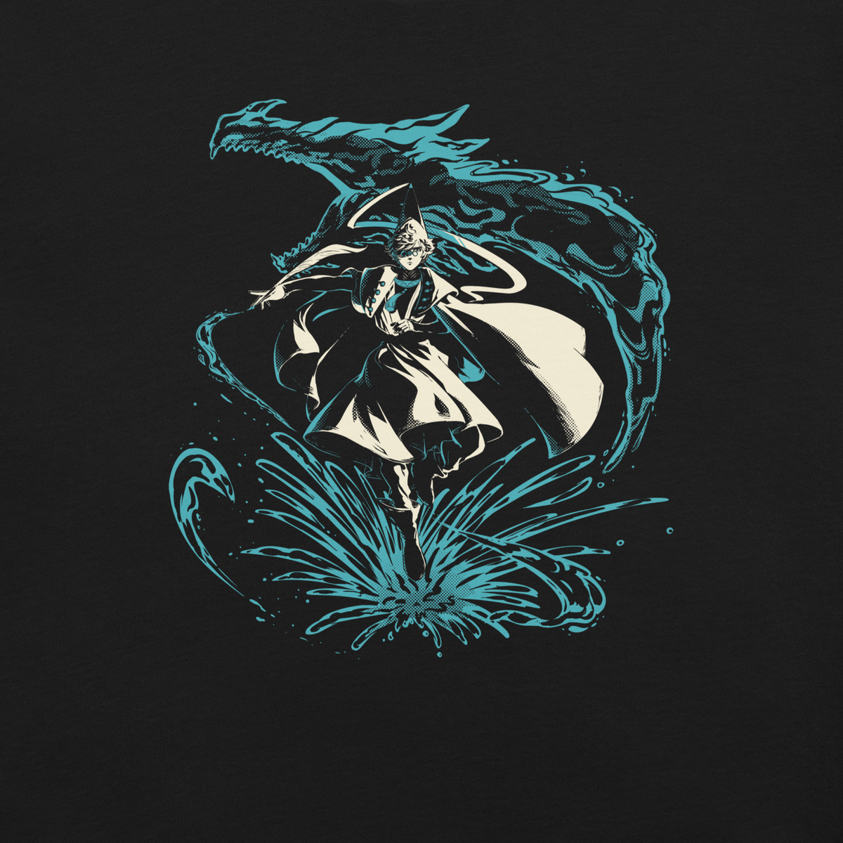 A fantasy warrior in flowing robes strides through a dramatic splash of water, framed by a massive serpentine dragon-like creature. The teal and cream artwork creates a powerful, mystical sense of motion and energy.