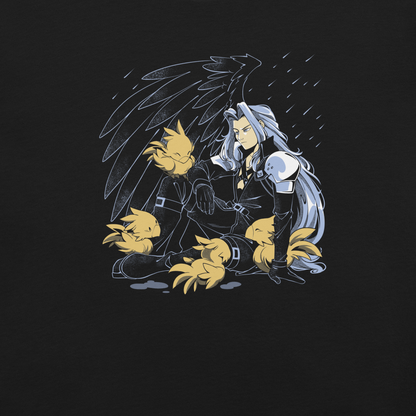 A silver-haired man in armor sits in the rain, surrounded by small yellow birds. A large wing spreads behind him as raindrops fall against the background.