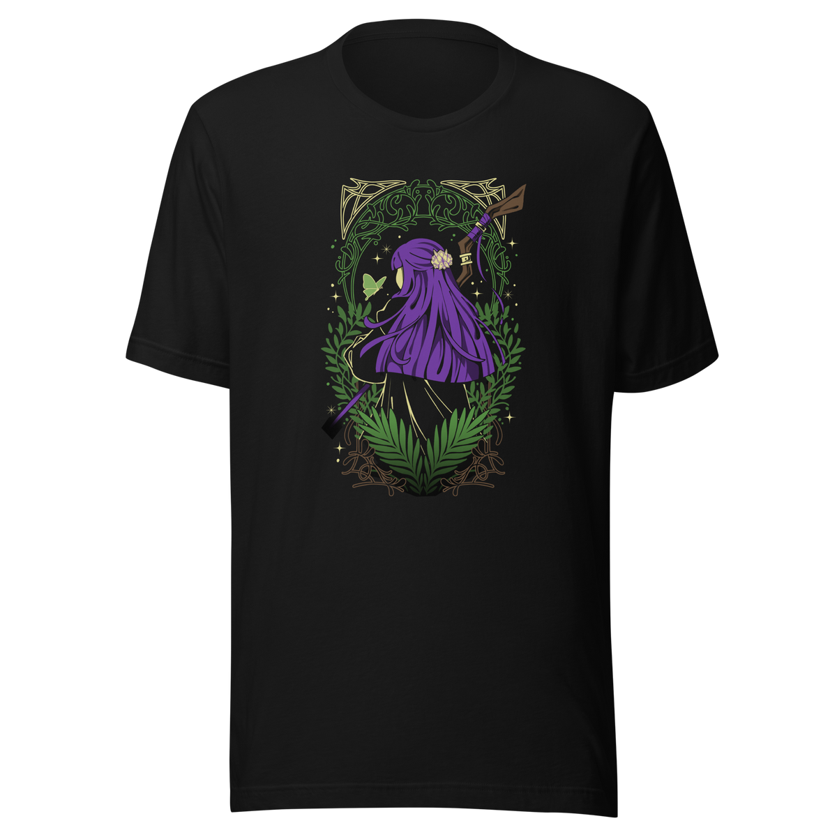 A character with long purple hair and a floral hair ornament stands facing away, holding a wooden staff. Green ferns, leafy branches, a butterfly, and decorative golden patterns surround the figure.