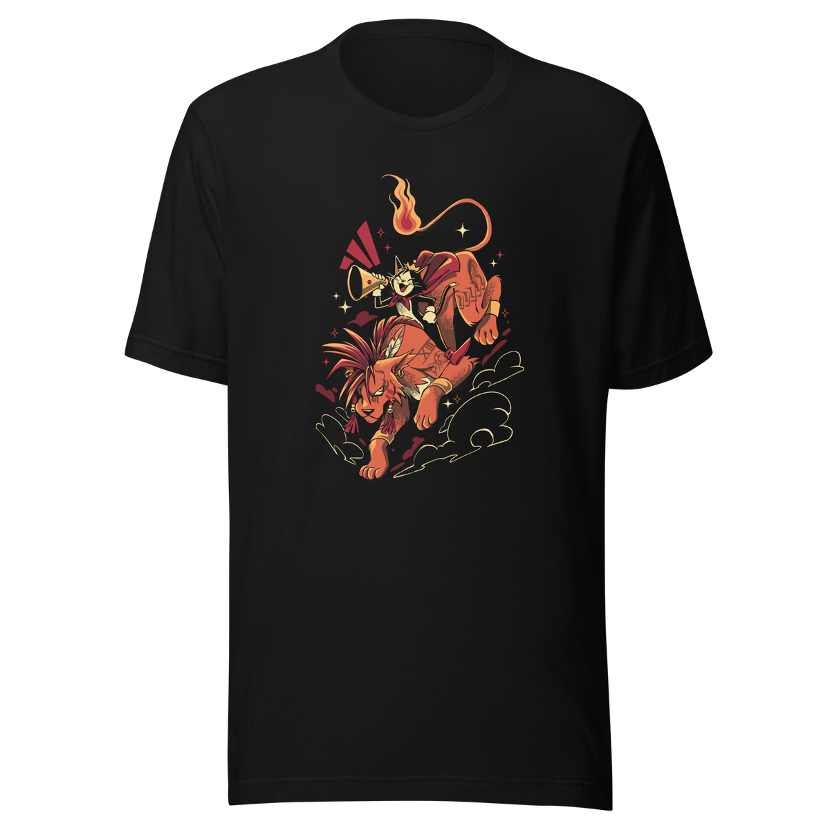 A fierce orange beast with spiky hair carries a small horn-blowing character in a red cape. A curling flaming tail, dramatic motion lines, stars, and swirling clouds create a bold fantasy adventure illustration.