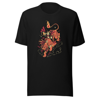 A fierce orange beast with spiky hair carries a small horn-blowing character in a red cape. A curling flaming tail, dramatic motion lines, stars, and swirling clouds create a bold fantasy adventure illustration.