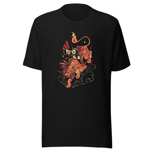 A fierce orange beast with spiky hair carries a small horn-blowing character in a red cape. A curling flaming tail, dramatic motion lines, stars, and swirling clouds create a bold fantasy adventure illustration.