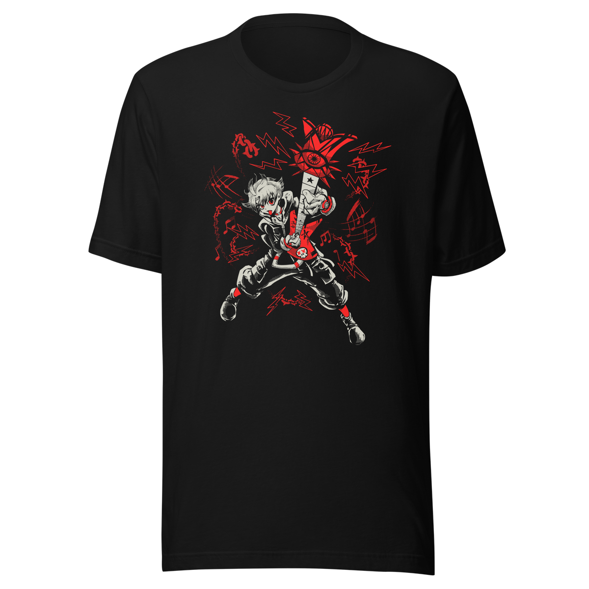 A fierce punk-inspired guitarist plays a red electric guitar in a dynamic pose, surrounded by lightning bolts, musical notes, and bold red-and-white graphics. The high-contrast artwork conveys rebellious energy and intense rock attitude.