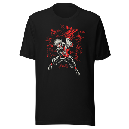 A fierce punk-inspired guitarist plays a red electric guitar in a dynamic pose, surrounded by lightning bolts, musical notes, and bold red-and-white graphics. The high-contrast artwork conveys rebellious energy and intense rock attitude.