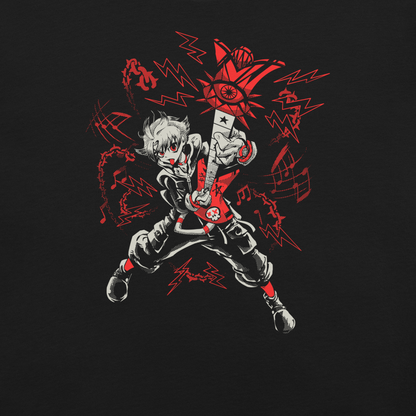 A fierce punk-inspired guitarist plays a red electric guitar in a dynamic pose, surrounded by lightning bolts, musical notes, and bold red-and-white graphics. The high-contrast artwork conveys rebellious energy and intense rock attitude.